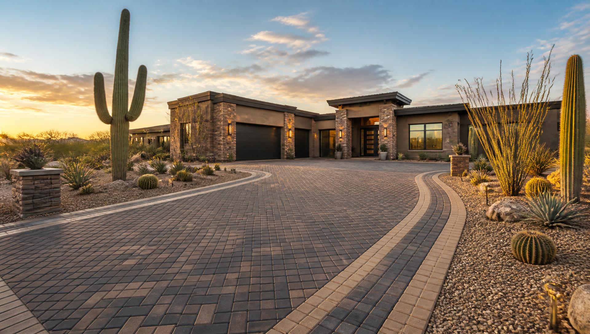 Interlocking brick paver driveway installation at a luxury desert home in Phoenix Arizona