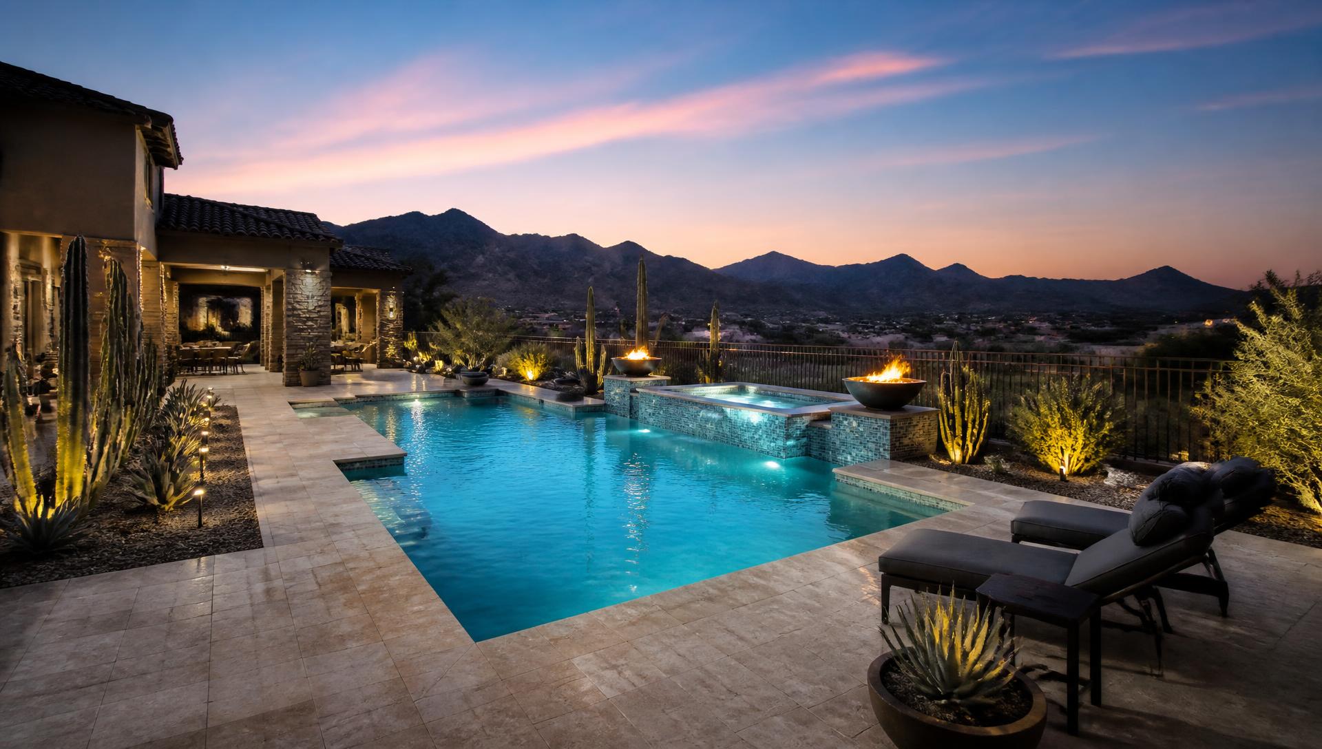 Paver pool deck and spa at a luxury backyard in Scottsdale Arizona